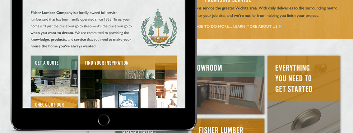 Close-up of responsive design for Fisher Lumber, displayed on a tablet.
